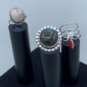 Set Of 3 Fun Silver Toned Rings With White, Grey & Red Stones